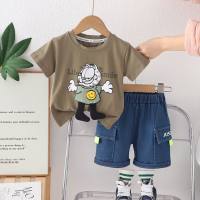 New summer style for small and medium-sized children, fashionable and stylish fat cat short-sleeved suit, trendy boys' casual short-sleeved suit  Green