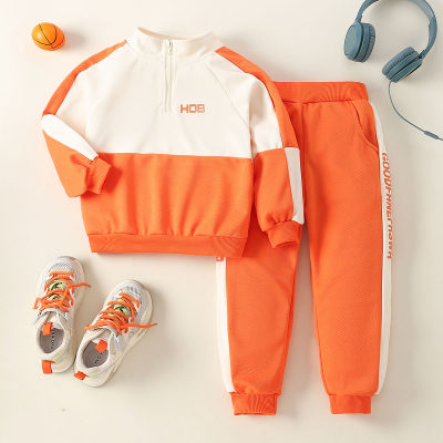 2-piece Kid Color-block Stand Up Collar Zipper Front Sweatshirt & Matching Pants