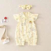 ملابس صيفية رقيقة للأطفال الرضع من قطعة واحدة بأكمام قصيرة  أصفر