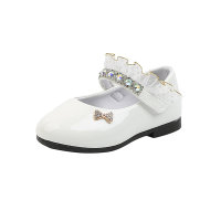 Zapatos de tacón bajo con fondo suave y diamantes de imitación elegantes para niña pequeña  Blanco