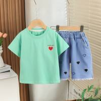 Boys summer suits 2024 new style children's love short-sleeved baby clothes summer trendy two-piece suits  Green