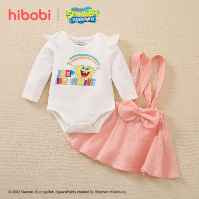 hibobi×Bob Esponja Bebé Niña Lindo Estampado Volantes Manga Larga Mamelucos y Falda con Tirantes