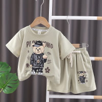 Boys summer suit 2024 new baby handsome waffle clothes fashionable children summer short-sleeved cartoon trend  Green