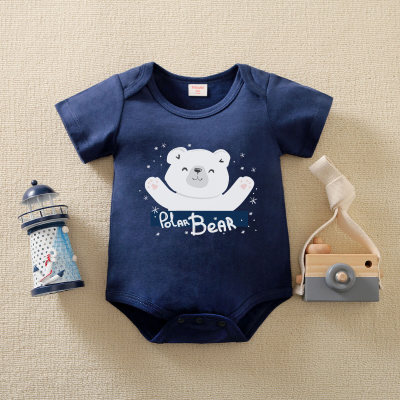 Baby Boy Pure Cotton Letter and Bear Printed Short Sleeve Romper