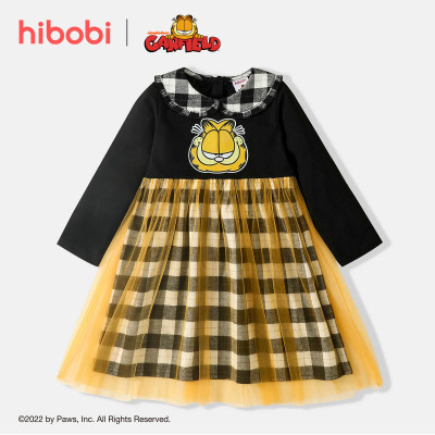 Garfield ✖ vestido de manga comprida com estampa de criança hibobi menina gola xadrez