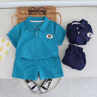 Boys short-sleeved suit summer new style fashion bear head round label lapel short-sleeved summer suit
