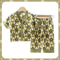 Boys' satin ice silk home clothes Short-sleeved air-conditioning clothes two-piece suit  Green