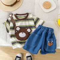 Infants and toddlers cute striped backpack short-sleeved tops children's clothing boys casual pants children's T-shirt two-piece set wholesale  Gray
