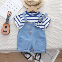 2024 summer denim thin short-sleeved striped t-shirt for boys, fashionable summer clothes, baby breathable  Blue