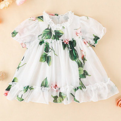 Baby Girl Ruffle-neck Short Sleeve Floral Print Dress