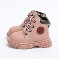 Toddler PU Leather Solid Color Letter Pattern Lace-up Booties  Pink