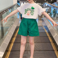 Terno de verão para meninas novo estilo, terno de duas peças de manga curta para crianças médias e grandes  Verde