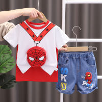 Children's summer clothes boys Spider-Man zipper bag short-sleeved suit handsome baby casual two-piece suit  White