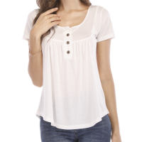 Women's smocked buttoned loose short-sleeved T-shirt top  White