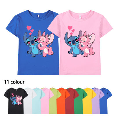 Lilo & Stitch Stitch Kinderkleidung mit Cartoon-Musterdruck für Kinder mittleren und älteren Alters, kurzärmeliges T-Shirt mit Rundhalsausschnitt