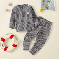 Kid Stripes Bear Printed T-shirt & Pants Pajamas  Deep Gray