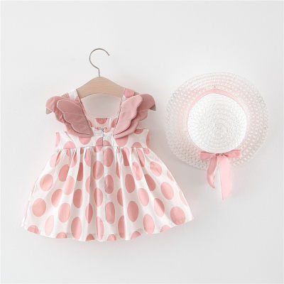 746 Kinderbekleidung Drop Shipping neue Sommerprodukte Mädchen großes Polka Dot Wings Prinzessinkleid mit Hut Strandkleid