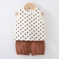 2024 Simple Japanese and Korean summer vest shorts suit air-conditioned shirt top sleeveless polka-dot cotton and linen baby slingback  Khaki