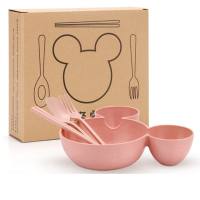 Kindergarten baby food supplement compartment plate wheat straw children's tableware four-piece set promotional gift can be printed with logo  Pink