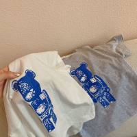 Camiseta de manga corta con estampado de oso para niños y niñas, camiseta holgada de calle con cuello redondo, moda, nuevo estilo  Blanco