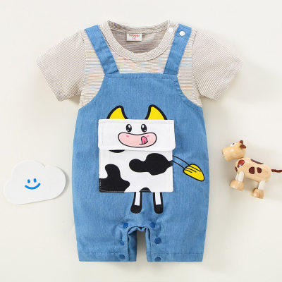hibobi Boy Baby Cute Animal Print Denim Patchwork Jumpsuit