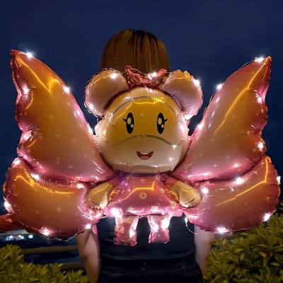 Balão inflável brilhante com asas de urso interestelar, balão de filme de alumínio com desenho animado
