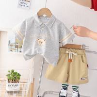 Retro bear print POLO shirt boy's suit solid color top and shorts two-piece suit all-match children's suit  Gray