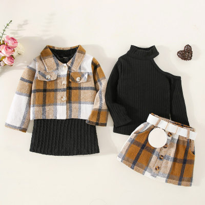 Brother and Sister Solid Color Sleeveless Knitted Dress & Plaid Button-up Jacket & Mock Neck Top & Plaid Button Front Skirt
