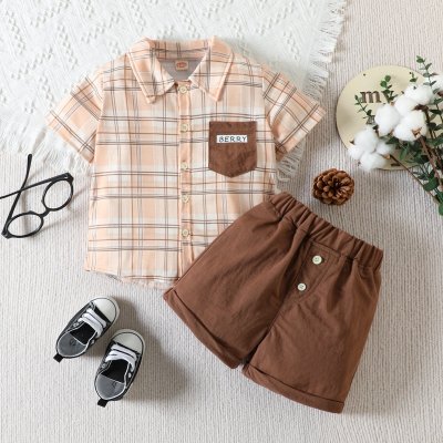 2-piece Toddler Boy Pure Cotton Plaid Pocket Patchwork Short Sleeve Shirt & Solid Color Shorts