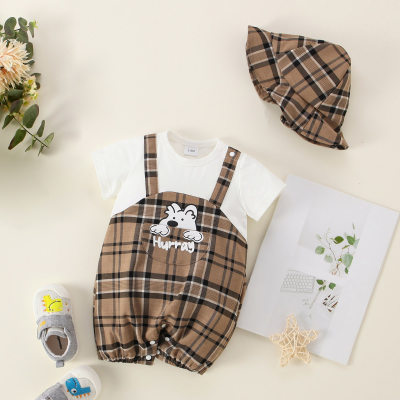 Baby Pure Cotton Plaid Patchwork Cartoon Printed Short Sleeve Boxer Romper