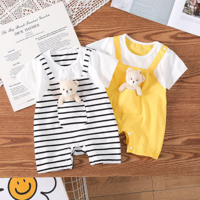 Summer thin jumpsuit for boys and girls with pockets, striped suspenders, one-piece romper for outings, cartoon crawling suit