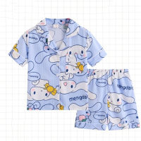 Pijamas transpirables de algodón puro para niños, pantalones cortos de manga corta con solapa, cárdigan, traje de ropa para el hogar de dibujos animados  Multicolor