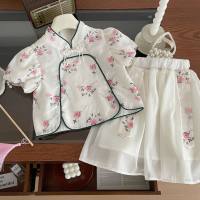 فستان بناتي من Hanfu بدلة مكونة من قطعتين صيف 2024 بدلة جديدة للأطفال على الطراز الصيني على الطراز الوطني بدلة تنورة شيونغسام على الطراز الغربي  أبيض