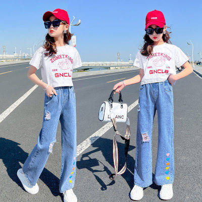 Girls fashionable suits summer children's stylish short-sleeved jeans big children's Internet celebrity fashion street-blasting two-piece suit