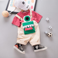Mono con bolso de dibujos animados para niños y niñas, conjunto de dos piezas, traje de manga corta con cuello redondo para bebé, nuevo estilo veraniego, 2024  Beige