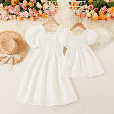 Mom Baby Dress Solid Color Square Neck Puff Sleeve Dress