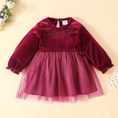 hibobi Girl Toddler Red Velvet Hot Drilling Long Mesh Sleeve Dress