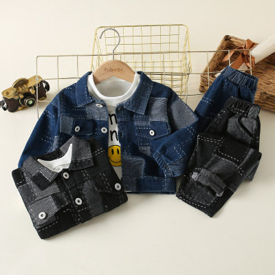 3-piece Toddler Boy Pure Cotton Letter Printed Top & Patchwork Button-up Denim Jacket & Matching Pants