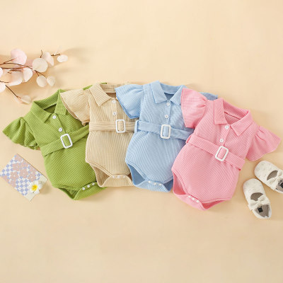 2-piece Baby Girl Waffle Solid Color Lapel Short Sleeve Romper