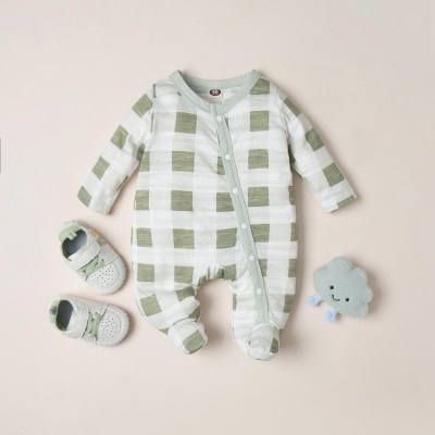 Baby Pure Cotton Plaid Footed Long-sleeved Long-leg Romper