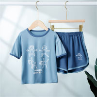 Traje de camiseta de manga corta para niños, ropa fina y holgada de verano para el hogar  Azul
