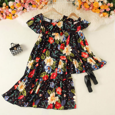 Sweet Floral Print Square Neck Long Dress for Mom and Me