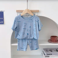 Summer children's cute cartoon elastic air-conditioning home clothes boys and girls short-sleeved cropped pants pajamas two-piece set  Blue