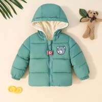 Toddler Boy Solid Color Bear Printed Fleece-lined Hooded Zip-up Padded Coat  Green