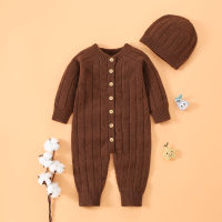 Baby Knitwear Solid Color Long-sleeved Long-leg Romper & Hat  Coffee
