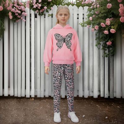 Girls butterfly print long sleeve hooded sweatshirt and yoga pants sweater set