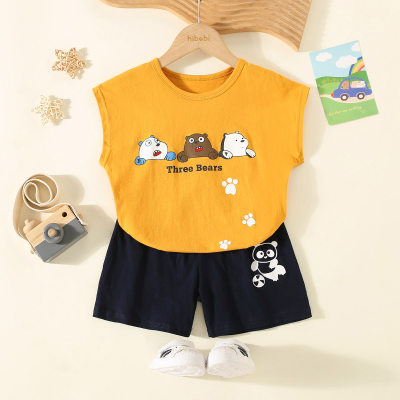 2-piece Toddler Boy Pure Cotton Letter and Cartoon Bear Printed Short Sleeve T-shirt & Matching Shorts