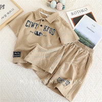 Sports suit for children, stylish letter polo collar top and shorts, two-piece suit  Khaki