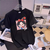 Camiseta superior de manga corta informal, holgada, sencilla, con estampado de dibujos animados  Negro