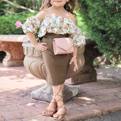 Toddler Girl Eleguard Floral Slash Neck Puff Sleeve Blouse & Skirt